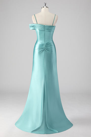 Blue Sheath Pleated Spaghetti Straps Long Prom Dress